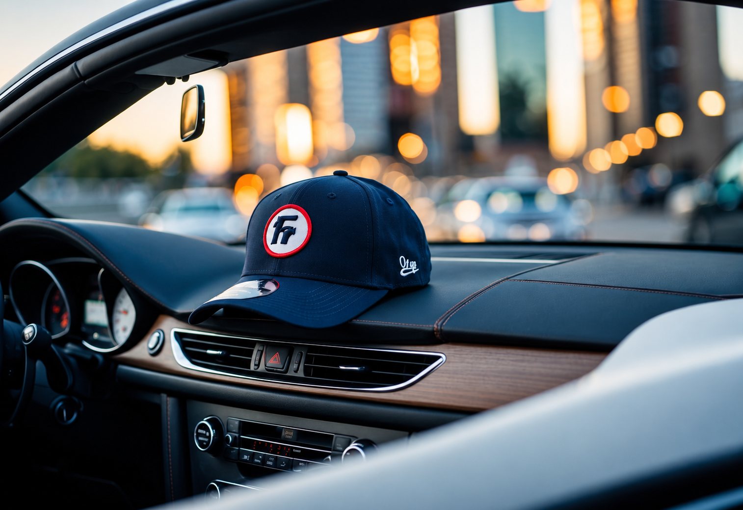 Une casquette bleu marine ornée d'un écusson rond rouge et blanc est posée sur le tableau de bord d'une voiture, avec des lumières de ville floues en arrière-plan.