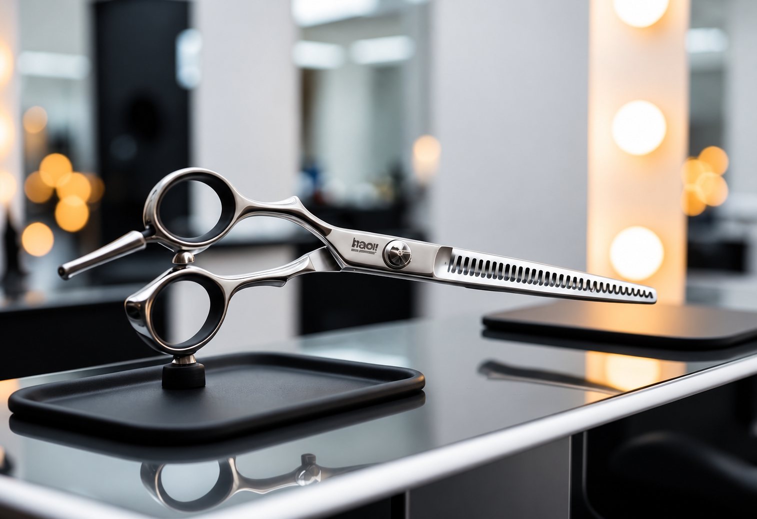 Une paire de ciseaux à effiler en acier poli est posée sur un support noir devant un miroir lumineux dans un salon de coiffure.