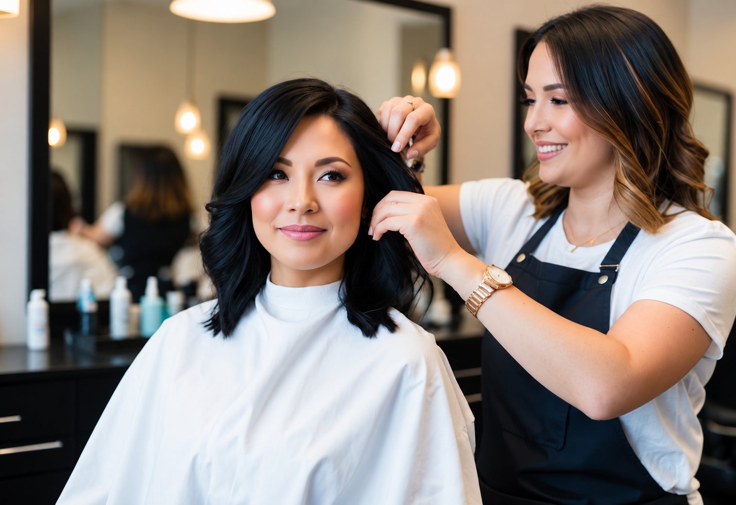 Dans un salon de coiffure lumineux, une coiffeuse souriante ajuste les cheveux noirs mi-longs d'une cliente installée sous une cape blanche.