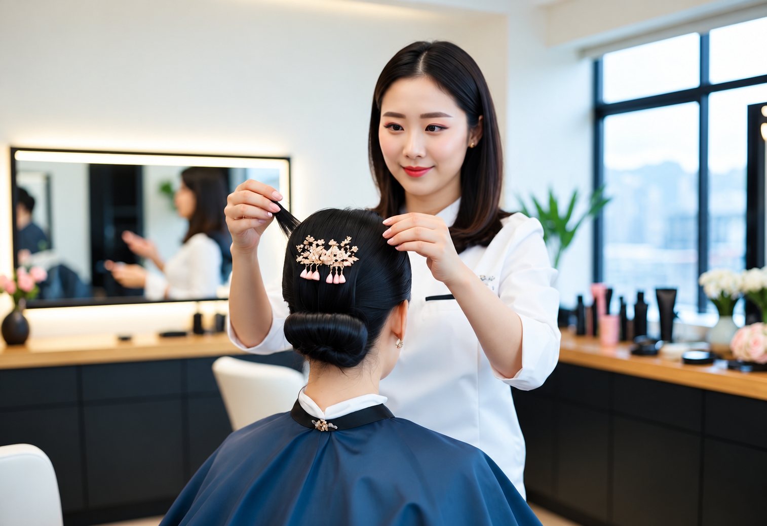 Dans un salon lumineux, une coiffeuse en tenue blanche fixe une épingle à cheveux ornée de fleurs et de pampilles roses sur le chignon d'une cliente portant une cape bleue.
