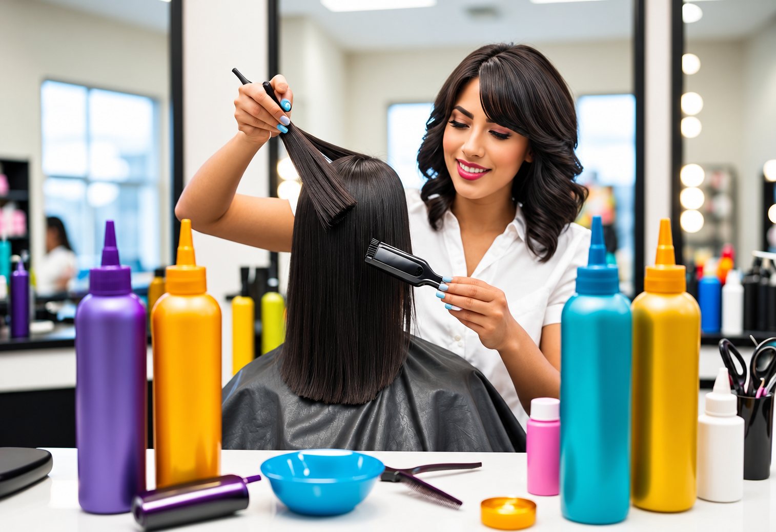 Une coiffeuse souriante peigne une mèche de cheveux noirs lisses d'une cliente, entourée de flacons colorés, d'un bol et de ciseaux sur une table de salon.