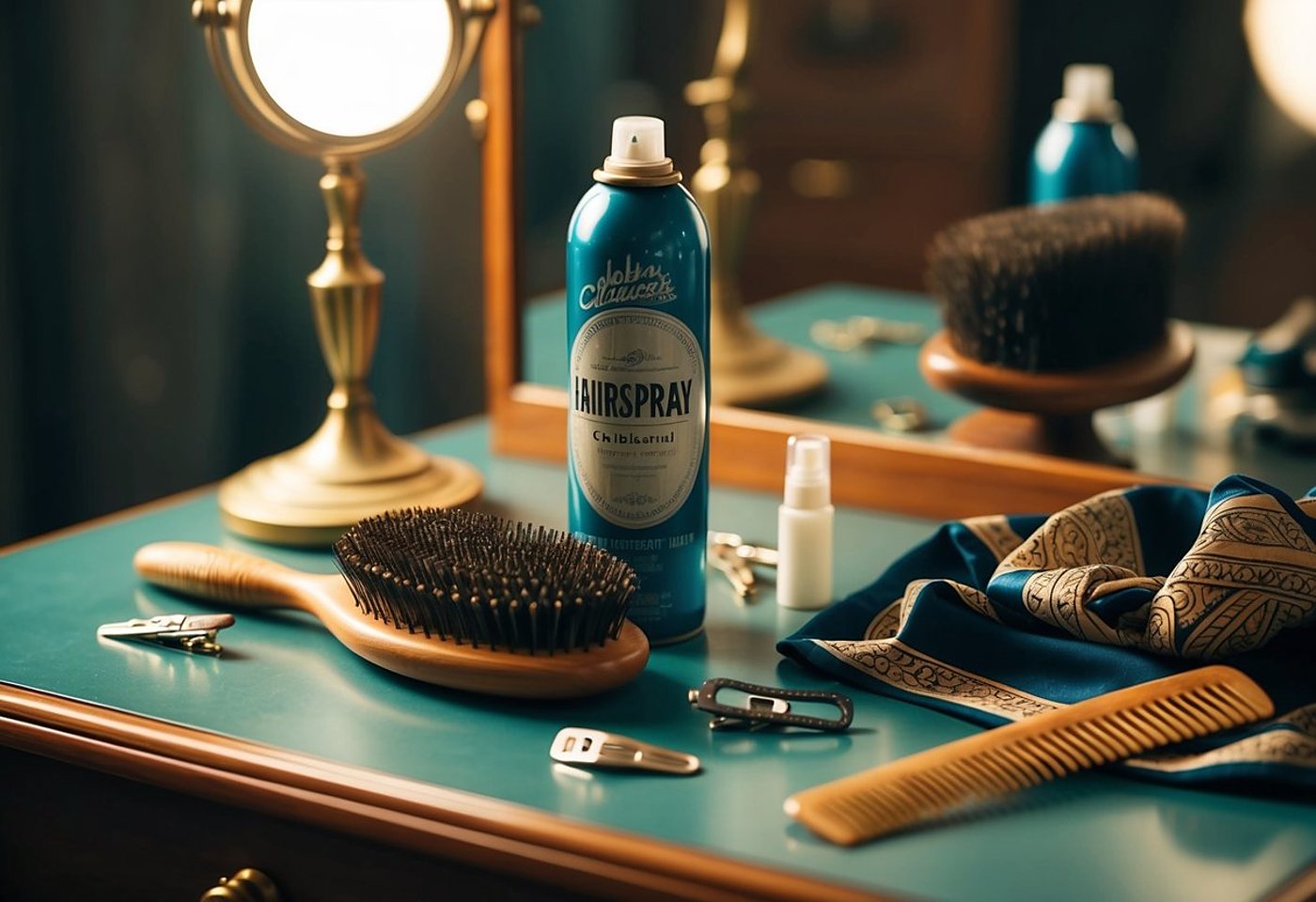 Une coiffeuse ancienne turquoise avec une bombe de laque bleue, une brosse en bois, un peigne, des pinces, un foulard à motifs et un miroir doré.