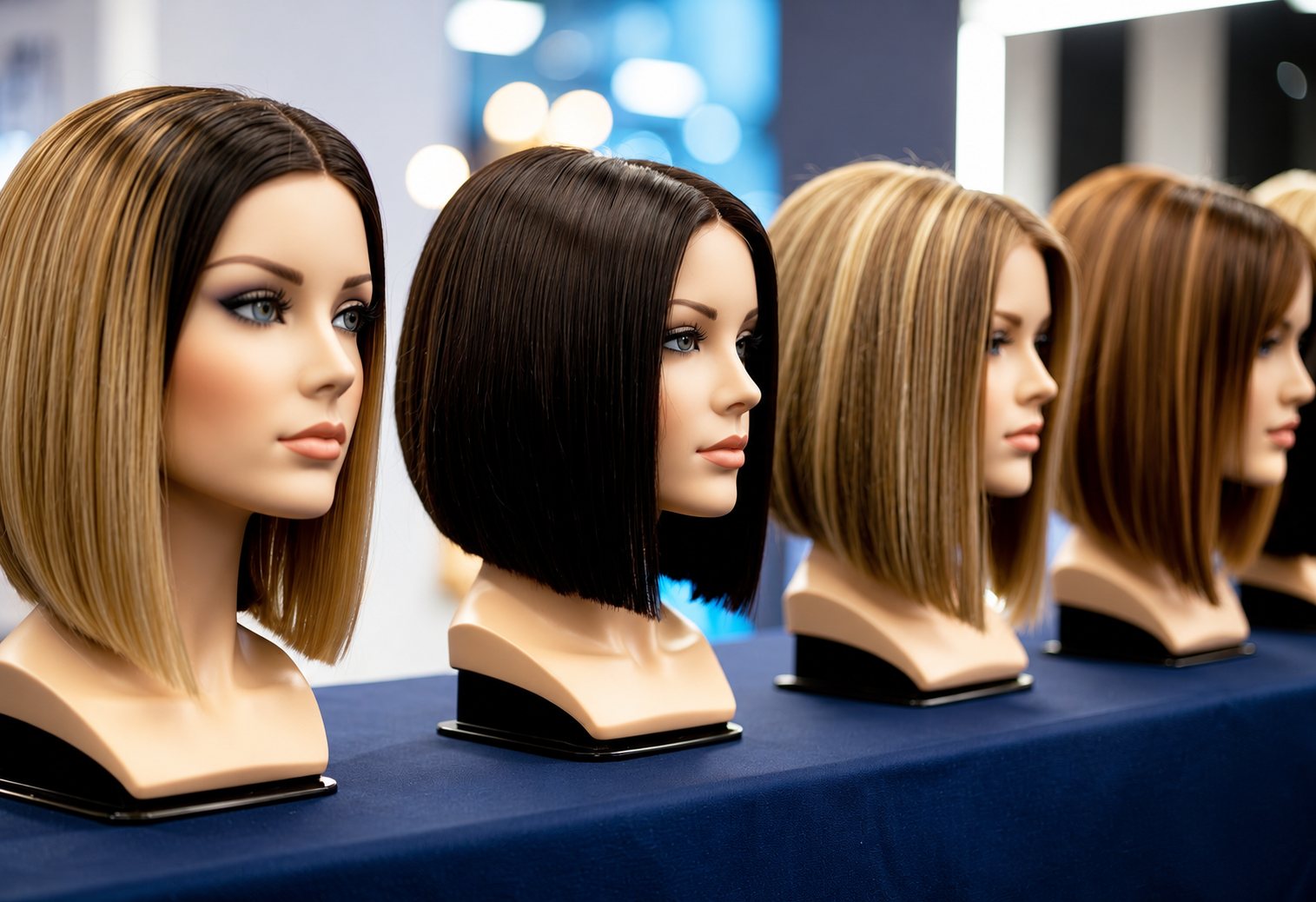 Quatre perruques de style carré, brunes et blondes, sont exposées sur des têtes de mannequin alignées sur une table recouverte d'une nappe bleu marine.