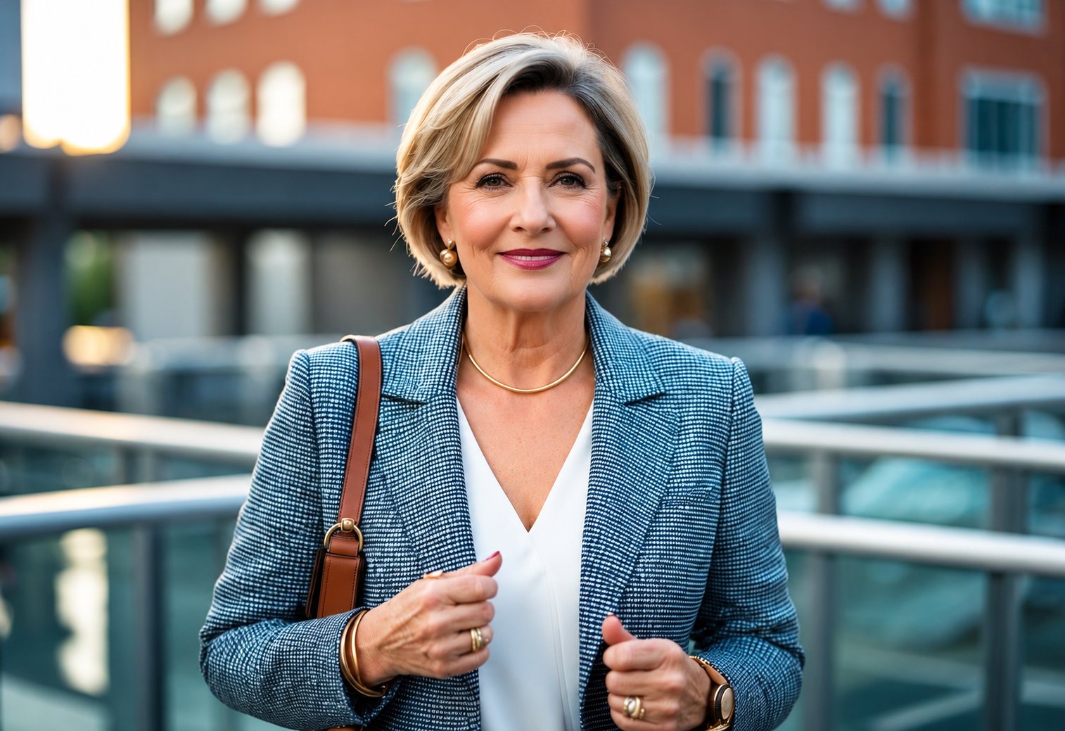 Une femme aux cheveux courts blonds, vêtue d'un blazer en tweed bleu et d'un chemisier blanc, sourit en extérieur avec un sac en cuir brun à l'épaule.