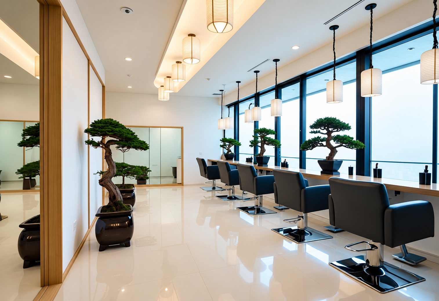 Intérieur d'un salon de coiffure moderne avec des bonsaïs dans des pots sombres, des fauteuils bleu-gris alignés devant une longue tablette et de grandes fenêtres, sous des suspensions en papier.