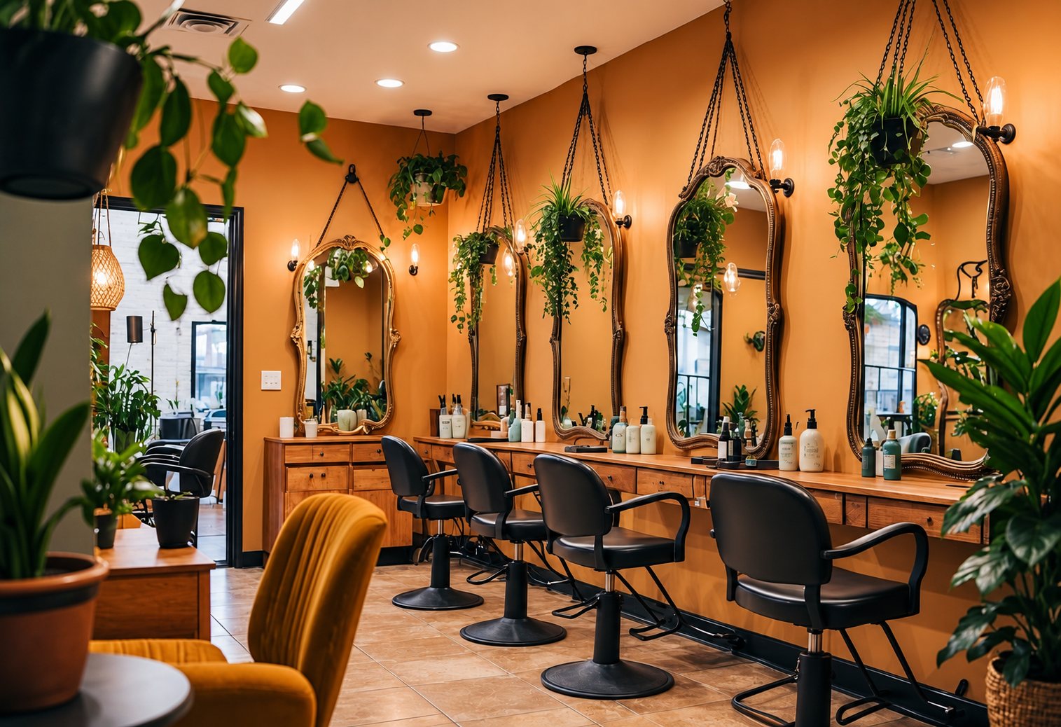 Intérieur d'un salon de coiffure aux murs orange, avec des miroirs anciens, des fauteuils noirs, des produits capillaires sur une coiffeuse en bois et de nombreuses plantes vertes.